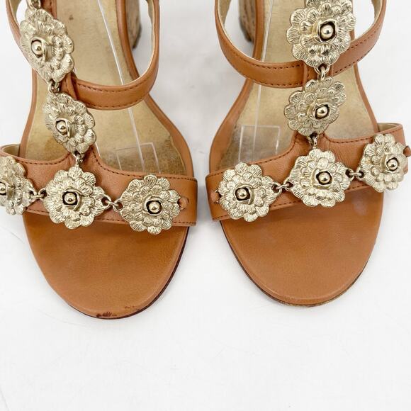 Chanel EU 37 2012 Cruise Tan Leather Camellia Flower T-Strap Cork Wedge Sandals - Picture 8 of 16
